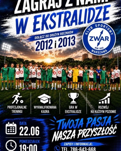 Marzysz o grze w piłkę? ⚽ KS ZWAR Warszawa prowadzi nabór dla dzieci z roczników 2012 i 2013. Dołącz do naszej drużyny i rozwijaj swoją pasję w przyjaznej atmosferze!