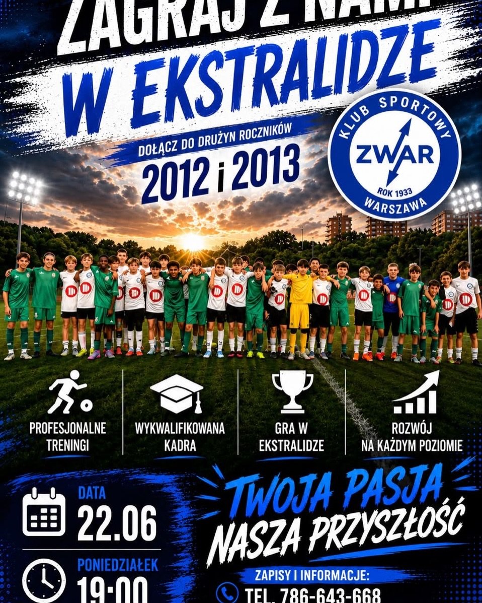 Marzysz o grze w piłkę? ⚽ KS ZWAR Warszawa prowadzi nabór dla dzieci z roczników 2012 i 2013. Dołącz do naszej drużyny i rozwijaj swoją pasję w przyjaznej atmosferze!
